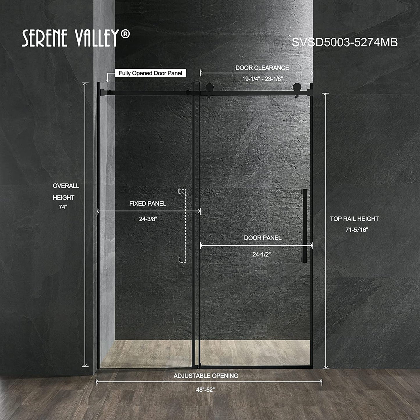 Serene Valley 52 x 74 Inch Square Rail Frameless Sliding Shower Door, Black