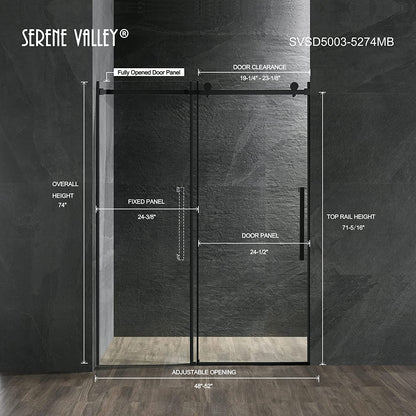 Serene Valley 52 x 74 Inch Square Rail Frameless Sliding Shower Door, Black