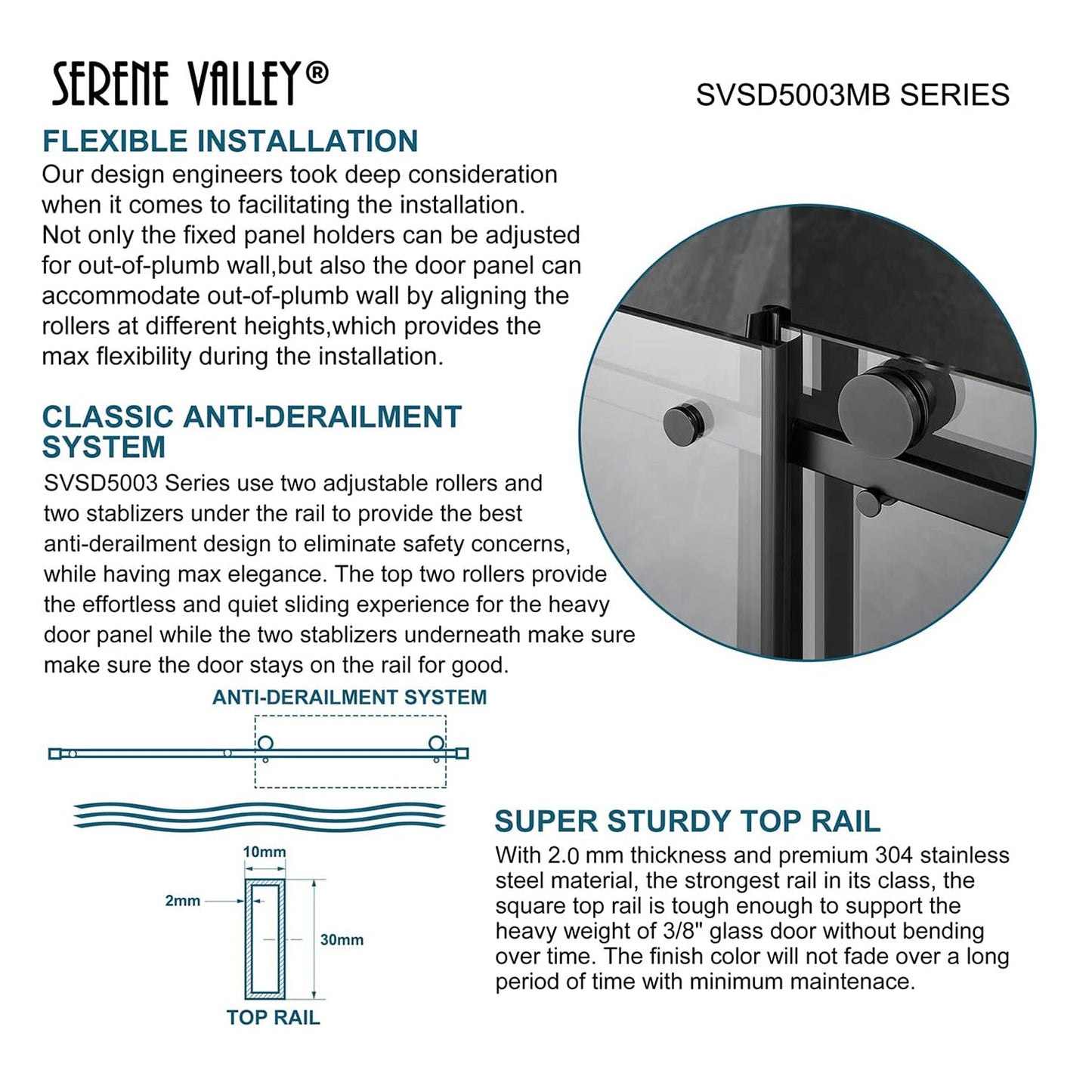 Serene Valley 52 x 74 Inch Square Rail Frameless Sliding Shower Door, Black