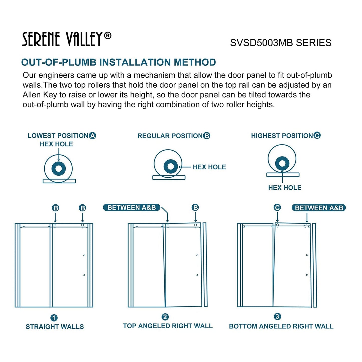 Serene Valley 52 x 74 Inch Square Rail Frameless Sliding Shower Door, Black