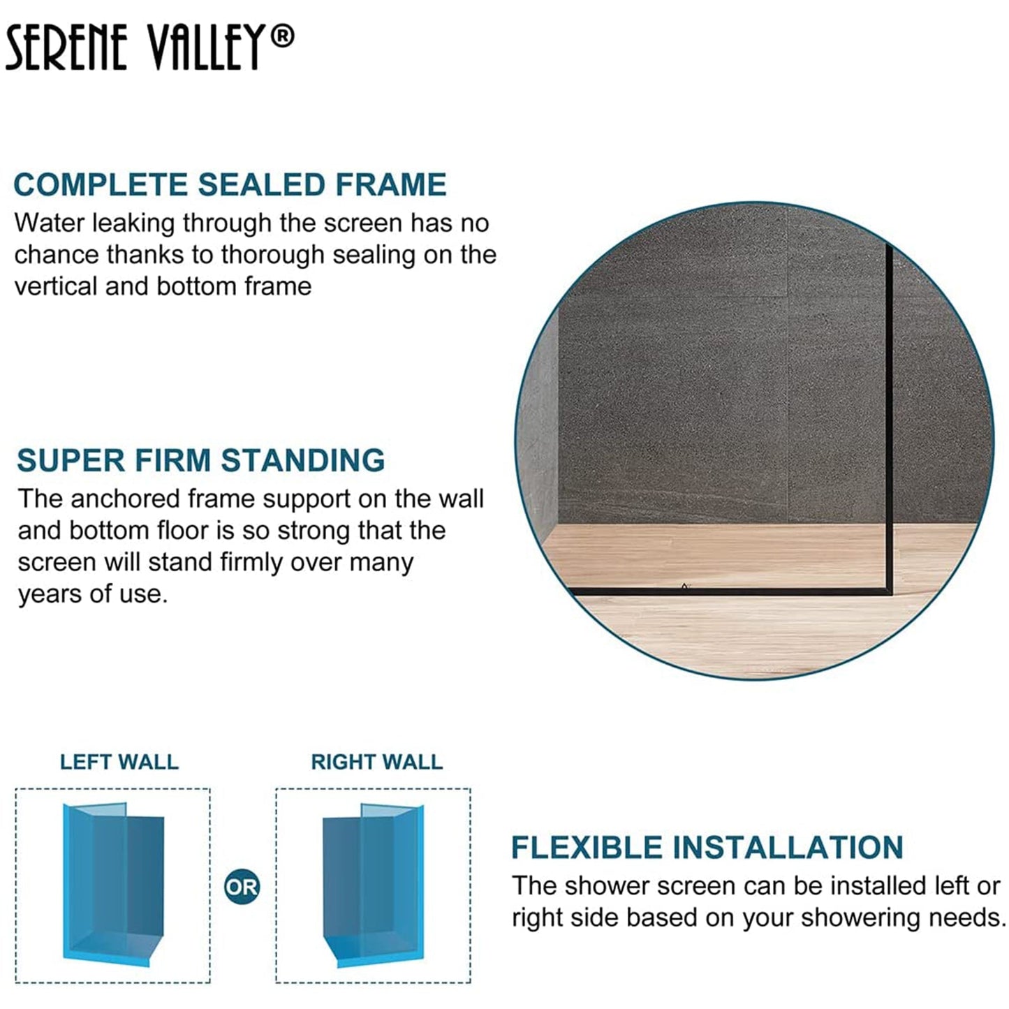 Serene Valley 34 x 72 Inch Tempered Glass Stand Alone Shower Screen, Matte Black