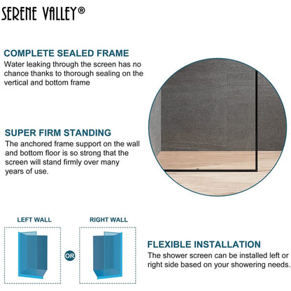 Serene Valley 34 x 72 Inch Tempered Glass Stand Alone Shower Screen, Matte Black