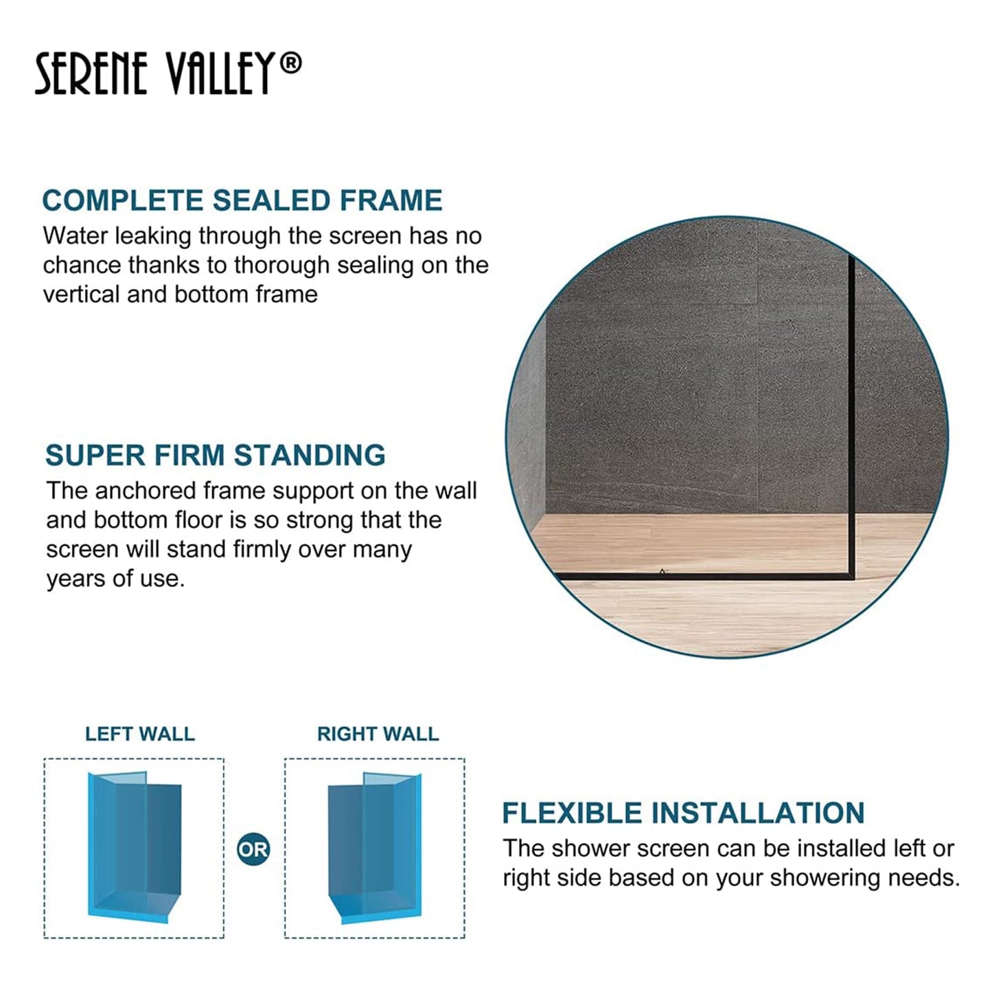 Serene Valley 34 x 72 Inch Tempered Glass Stand Alone Shower Screen, Matte Black