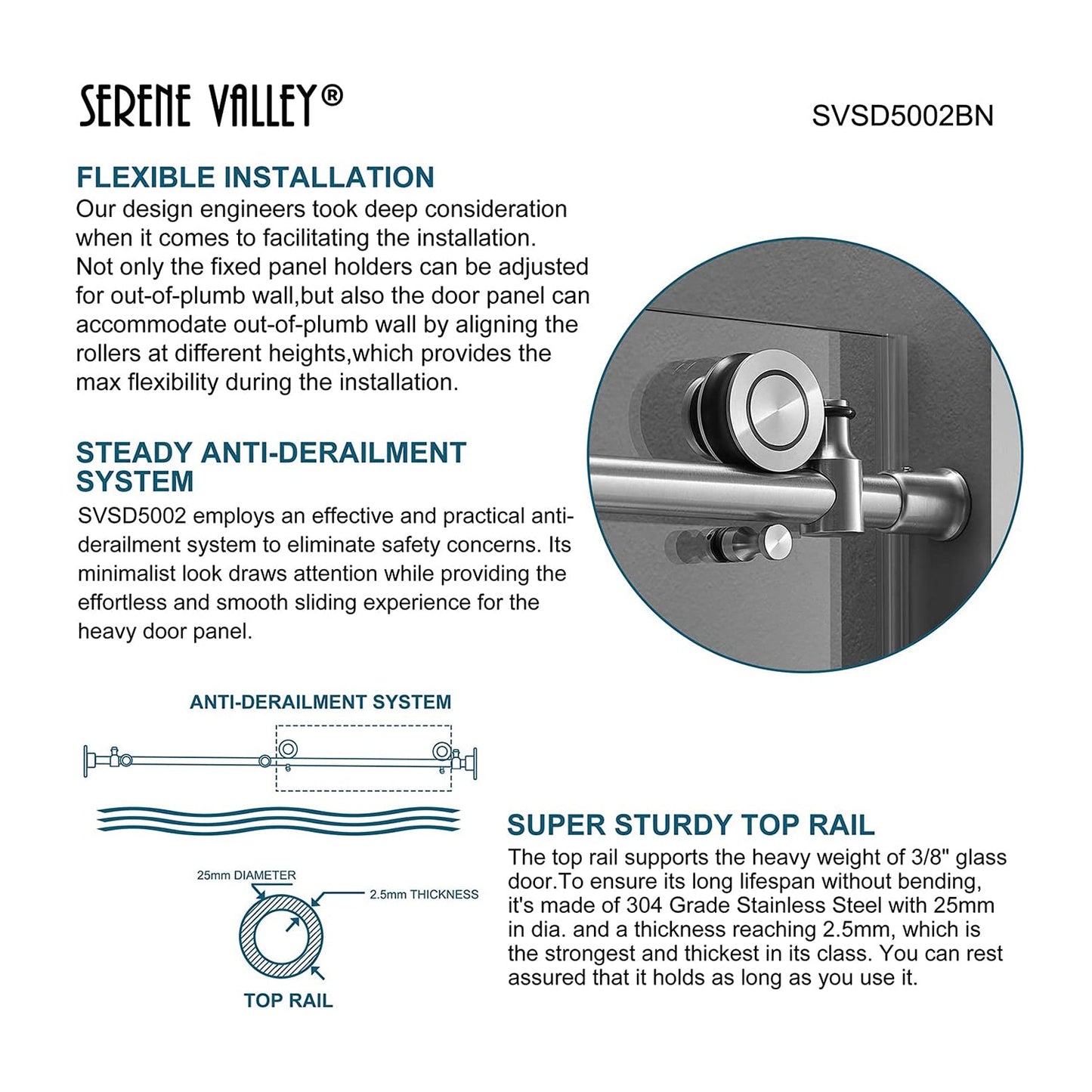 Serene Valley 60 x 66" Big Roller Frameless Sliding Shower Door, Brushed Nickel