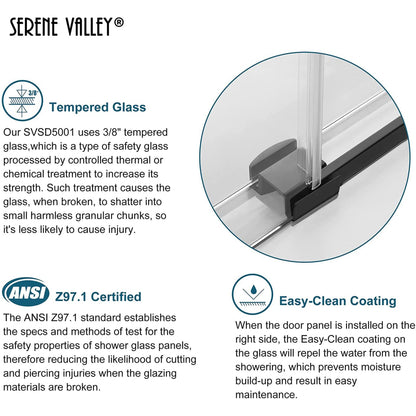 Serene Valley 56 x 74 Inch Big Roller Frameless Sliding Shower Door, Matte Black