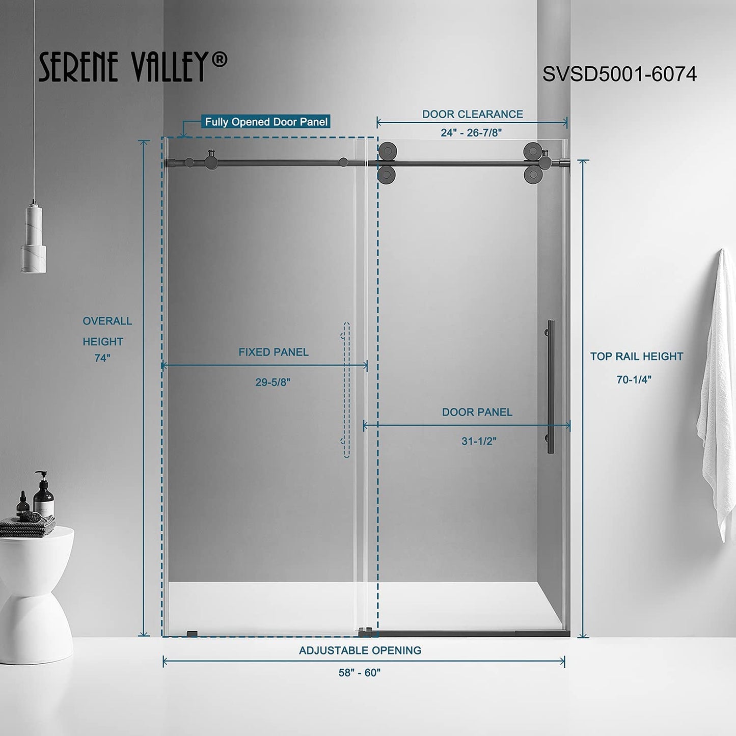 Serene Valley 60 x 74 Inch Big Roller Frameless Sliding Shower Door, Matte Black