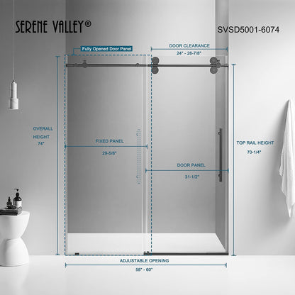 Serene Valley 60 x 74 Inch Big Roller Frameless Sliding Shower Door, Matte Black