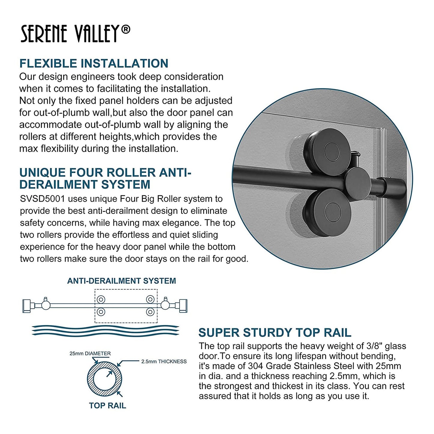 Serene Valley 60 x 74 Inch Big Roller Frameless Sliding Shower Door, Matte Black