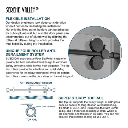 Serene Valley 60 x 74 Inch Big Roller Frameless Sliding Shower Door, Matte Black