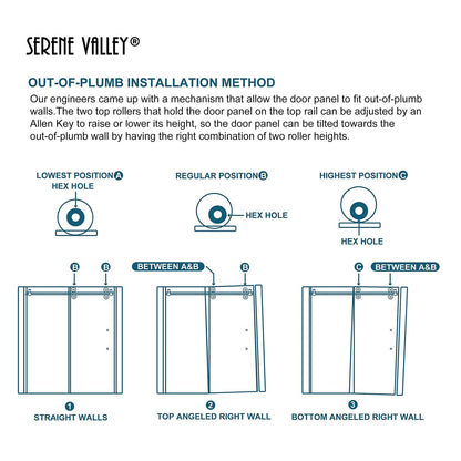 Serene Valley 60 x 74 Inch Big Roller Frameless Sliding Shower Door, Matte Black