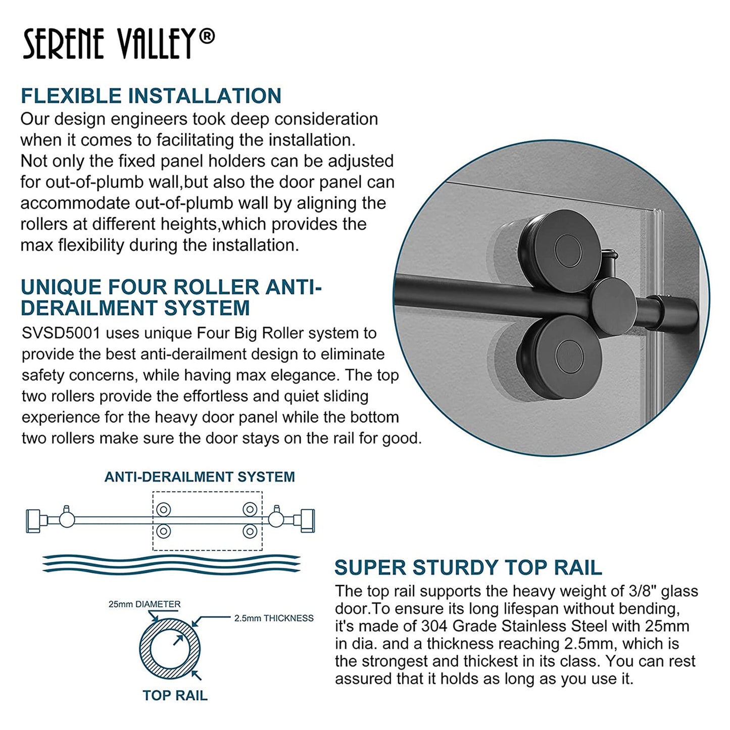 Serene Valley 52 x 74 Inch Big Roller Frameless Sliding Shower Door, Matte Black