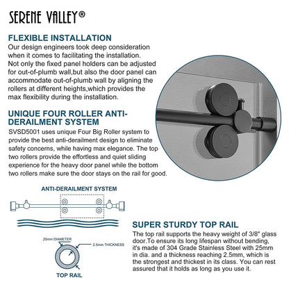 Serene Valley 52 x 74 Inch Big Roller Frameless Sliding Shower Door, Matte Black