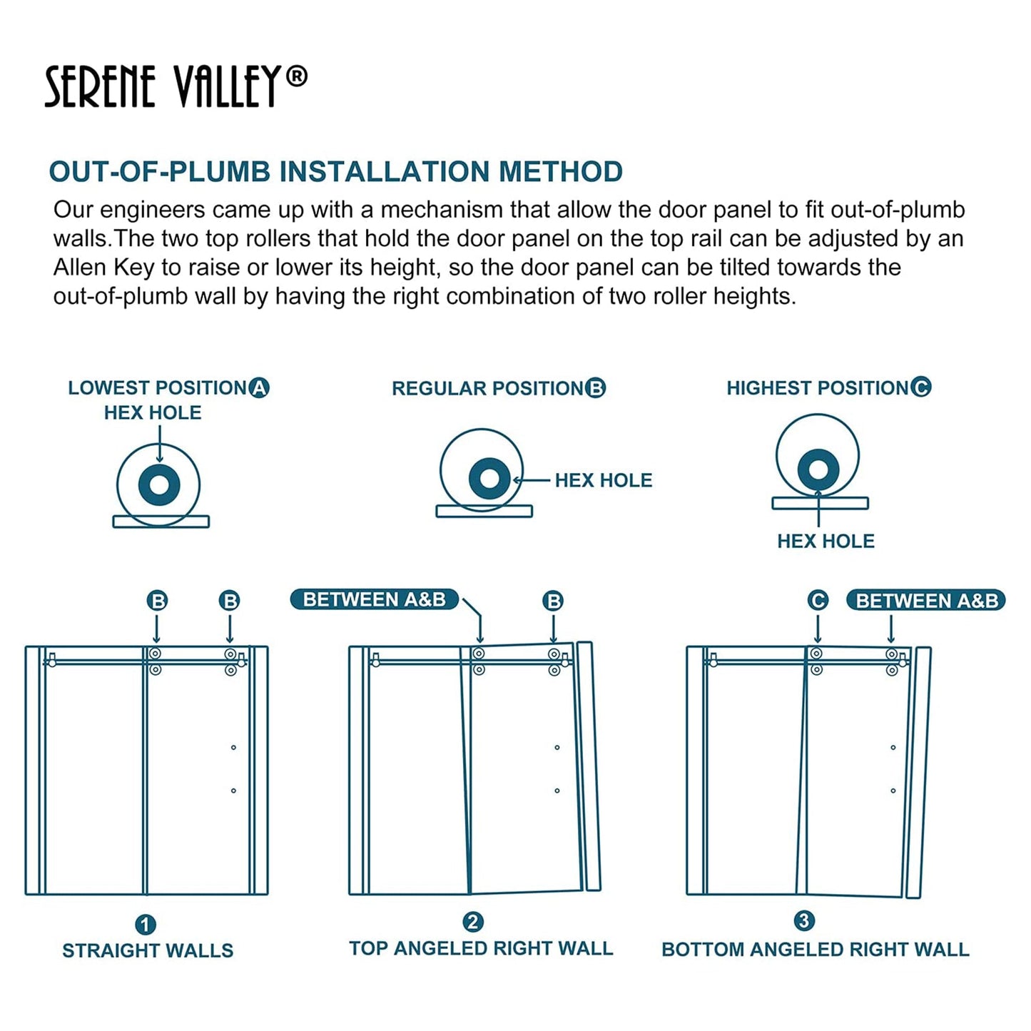 Serene Valley 52 x 74 Inch Big Roller Frameless Sliding Shower Door, Matte Black
