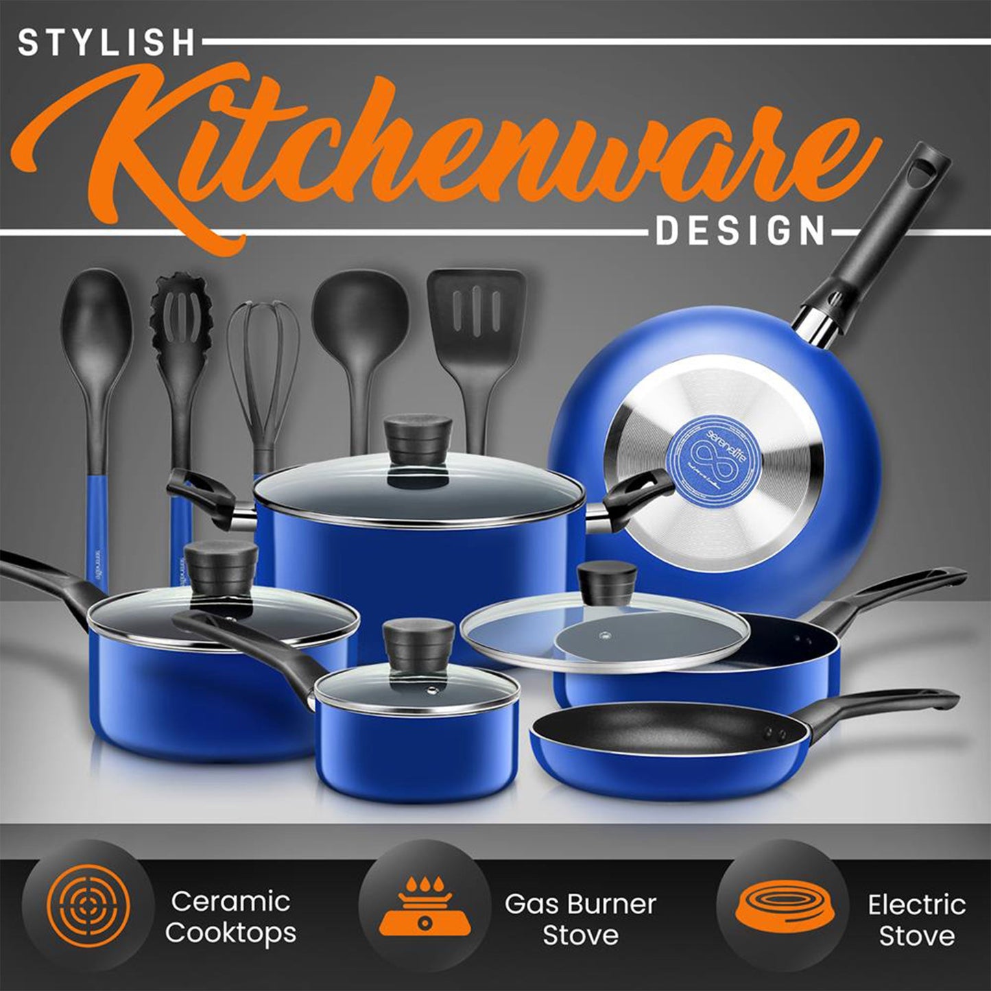 SereneLife 15 Piece Pots and Pans Non Stick Chef Kitchenware Cookware Set, Blue