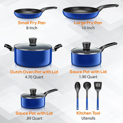 SereneLife 11 Piece Pots and Pans Non Stick Chef Kitchenware Cookware Set, Blue