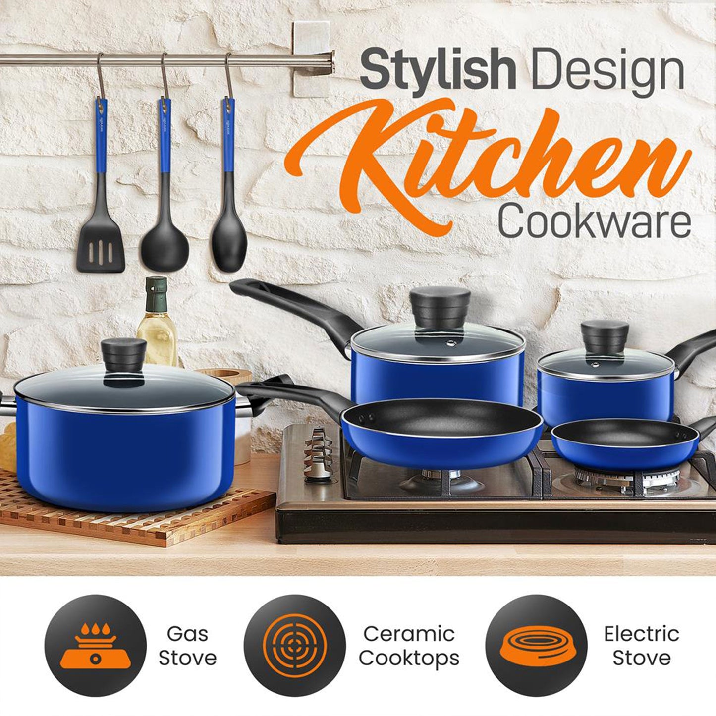 SereneLife 11 Piece Pots and Pans Non Stick Chef Kitchenware Cookware Set, Blue