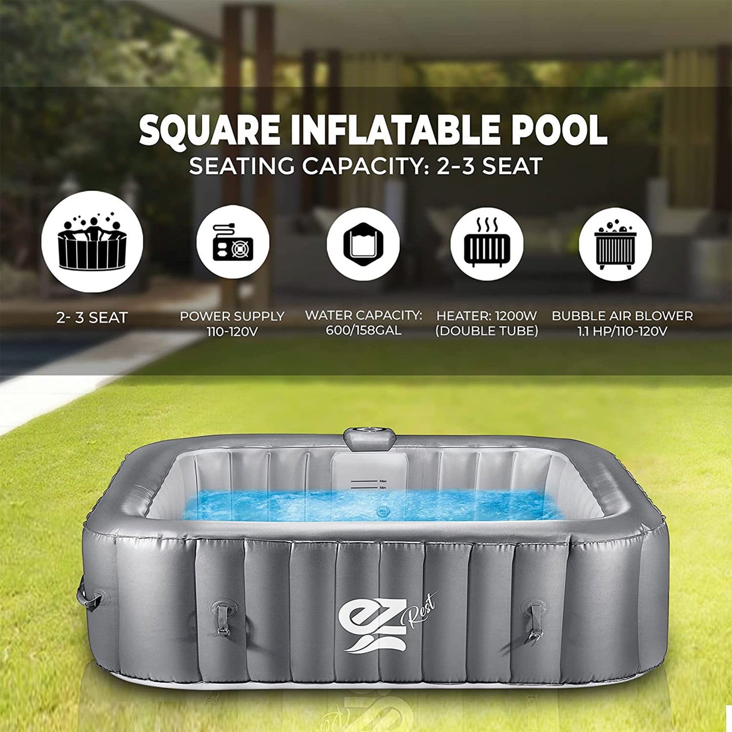 SereneLife Outdoor Portable 4 Person Inflatable Square Hot Tub with Bubble Jets