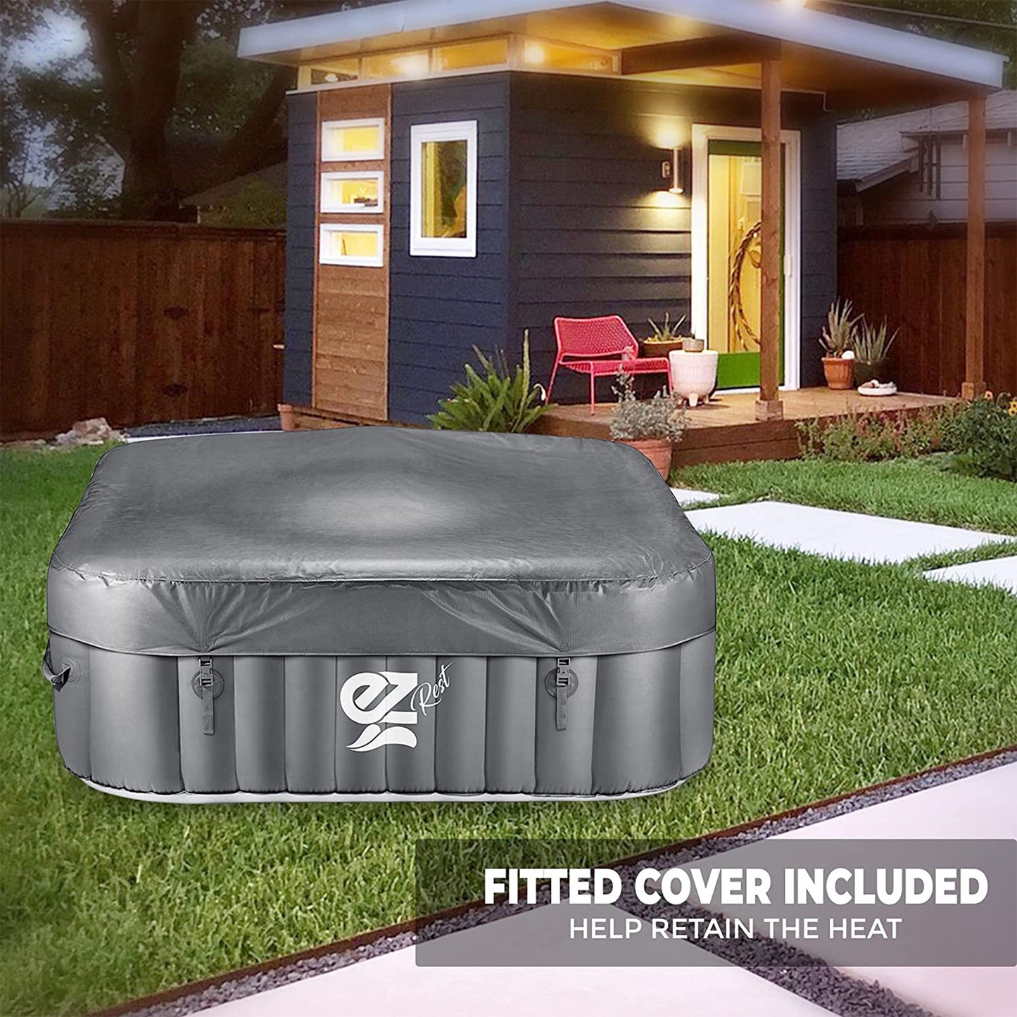 SereneLife Outdoor Portable 4 Person Inflatable Square Hot Tub with Bubble Jets