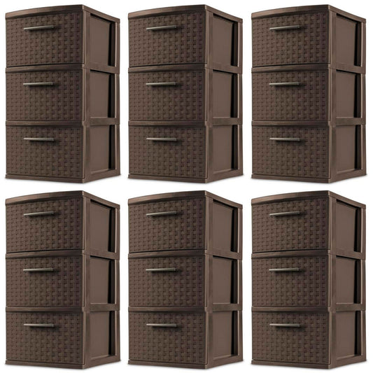 Sterilite 3 Drawer Decorative Plastic Weave Storage Tower, 6-Pack, Espresso