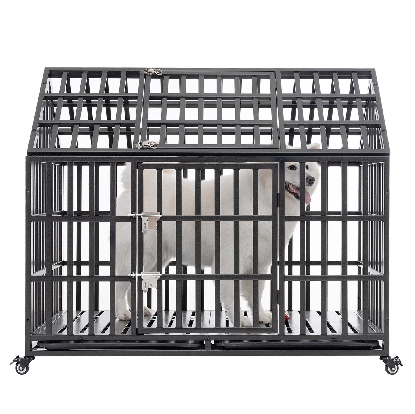 52" Heavy Duty Dog Crate Large Dog cage Strong Metal Dog Kennels and Crates for Large Dogs with 4 Lockable Wheels