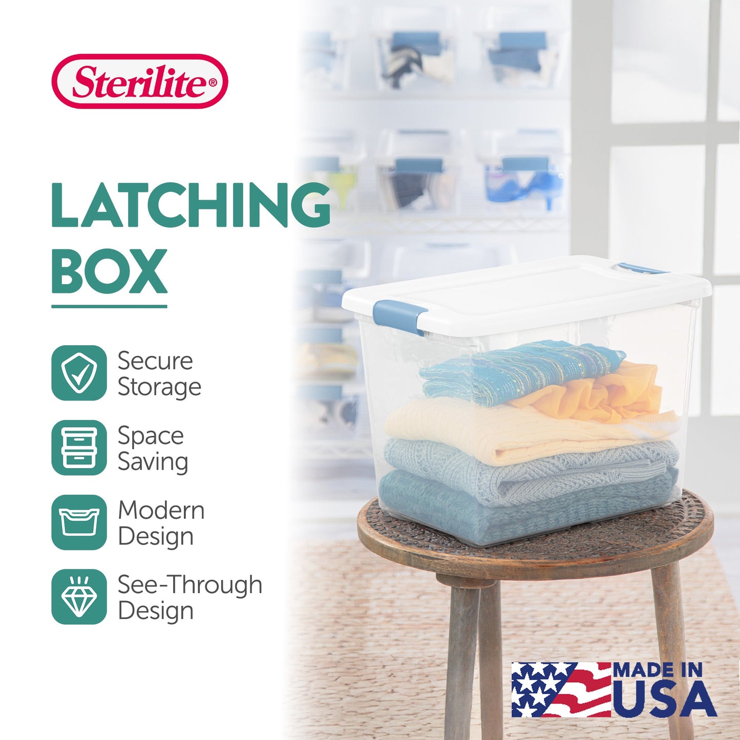 Sterilite 25 Quart Latching Storage Box, Stackable Bin with Latch Lid, 18 Pack