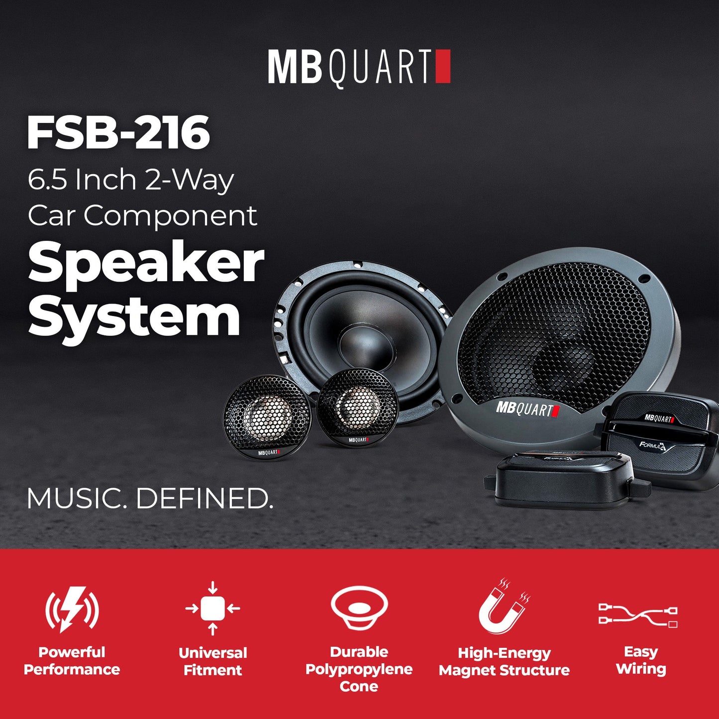MB Quart FSB-216 6.5 Inch 2-Way Car Component Speakers, 150W Peak Power, Black