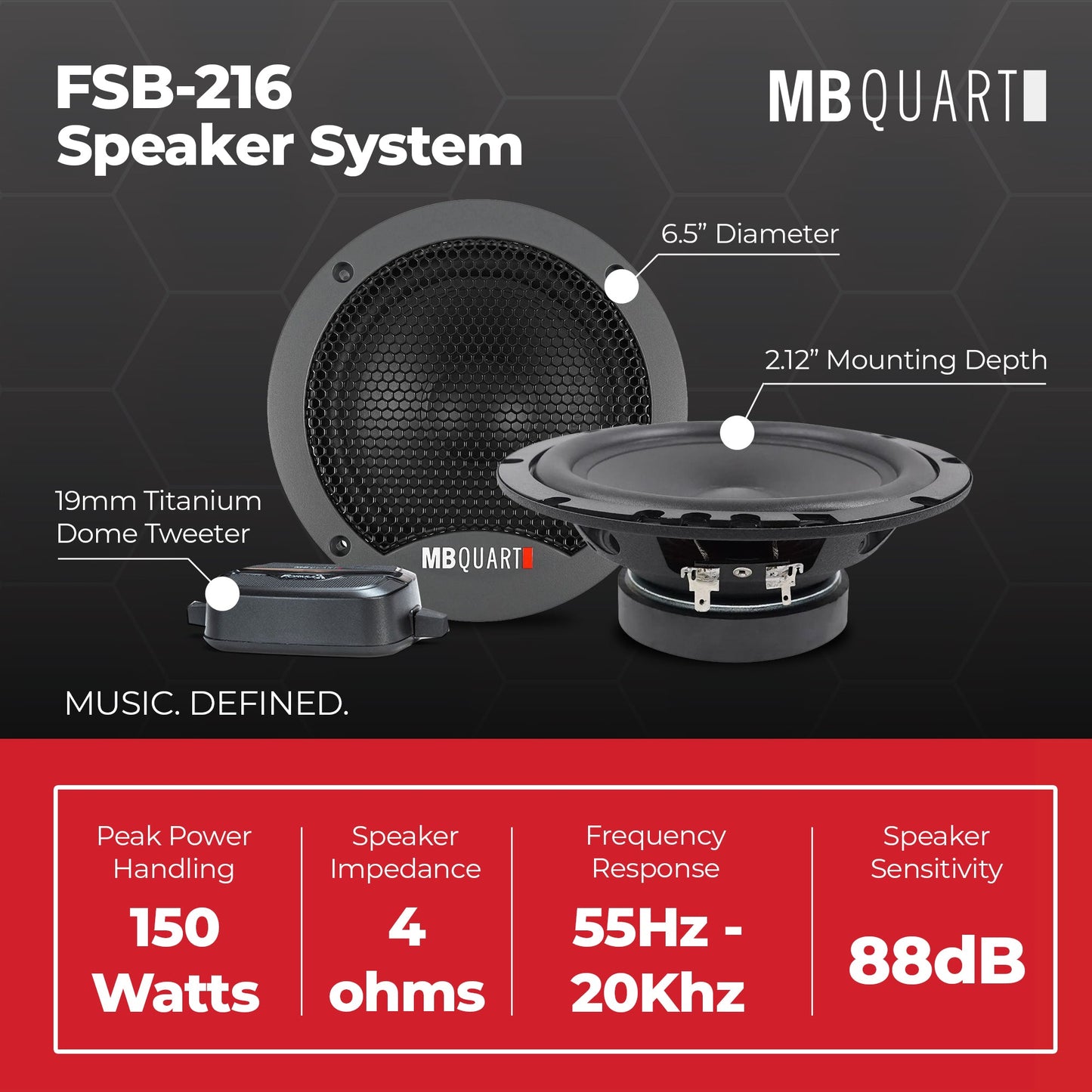 MB Quart FSB-216 6.5 Inch 2-Way Car Component Speakers, 150W Peak Power, Black