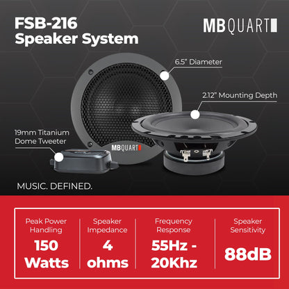 MB Quart FSB-216 6.5 Inch 2-Way Car Component Speakers, 150W Peak Power, Black