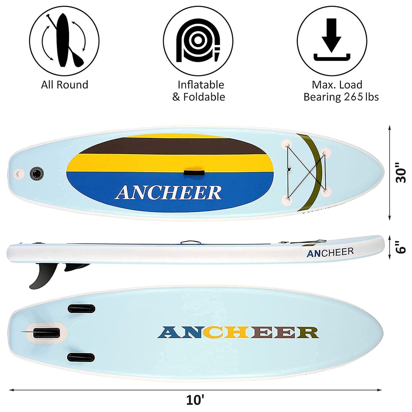 Ancheer 10 Foot Inflatable Stand Up Paddle Board w/ Accessories and Bag, Yellow