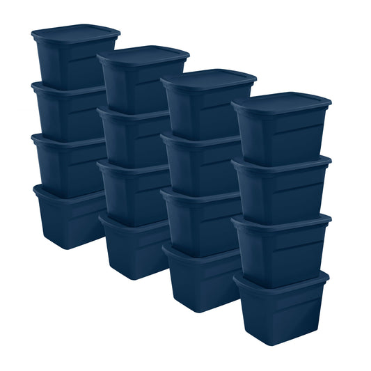 Sterilite Classic Lidded Stackable 18 Gal Storage Tote Container, Blue, 16 Pack