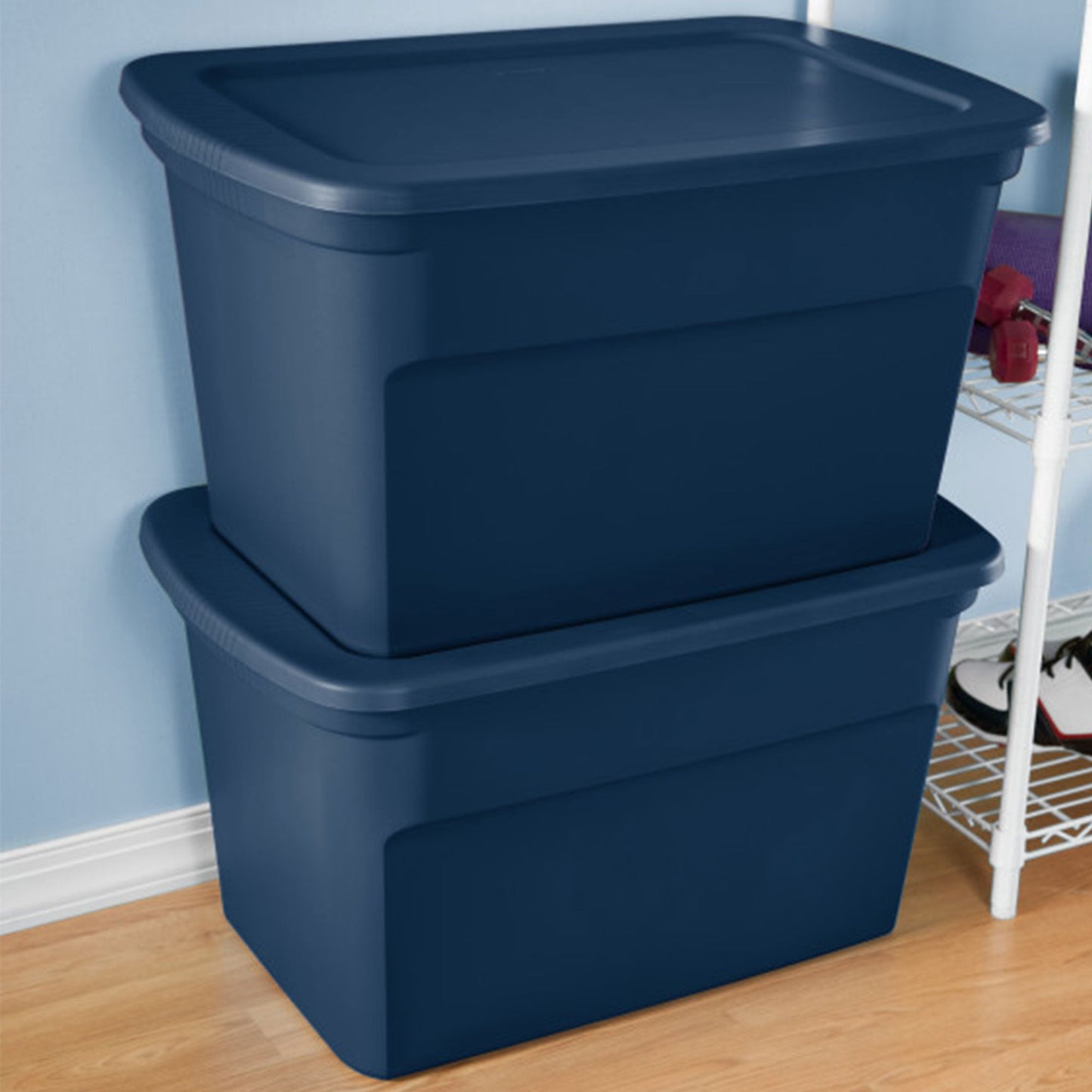Sterilite Classic Lidded Stackable 30 Gal Storage Tote Container, Blue, 24 Pack