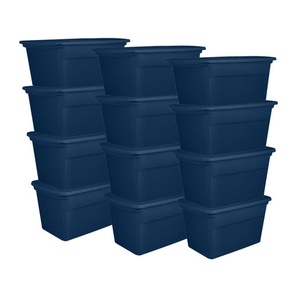 Sterilite Classic Lidded Stackable 30 Gal Storage Tote Container, Blue, 12 Pack