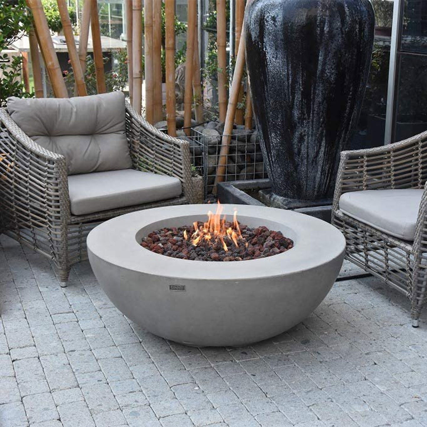 Elementi Natural Gas Concrete Lunar Bowl Fire Pit w/ Auto Ignition, Clean Flame