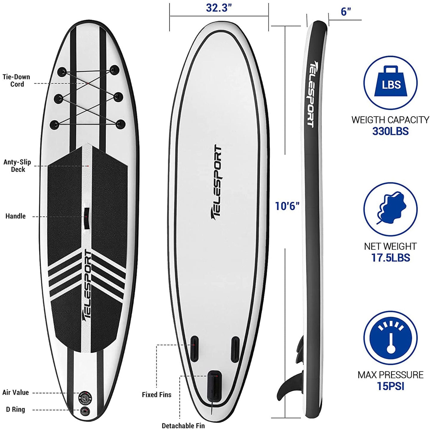 TELESPORT Paddle Boards Inflatable Stand Up Paddleboard w/Accessories in Black