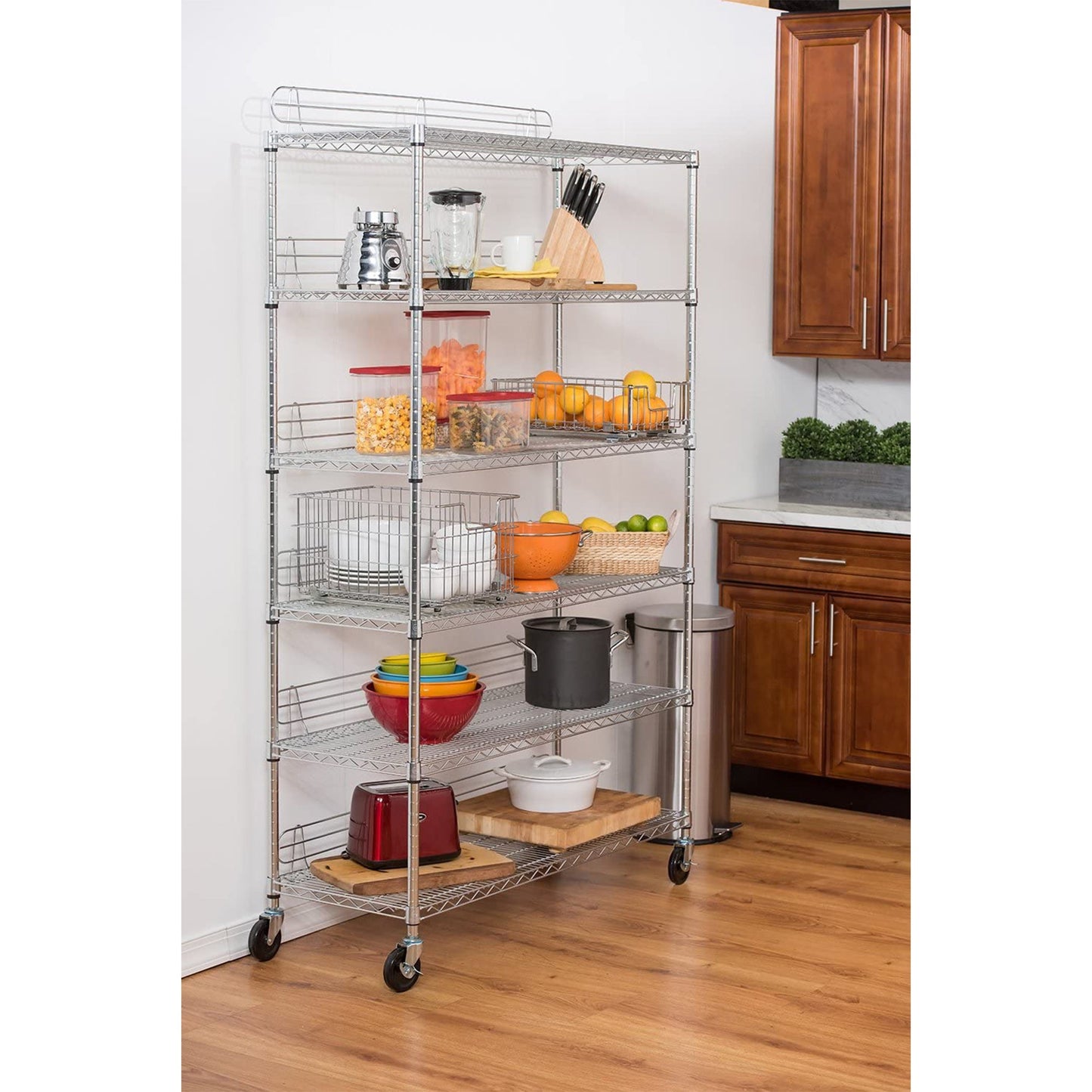 TRINITY EcoStorage Heavy Duty 6 Tier Adjustable Wire Shelving w/ Wheels, Chrome