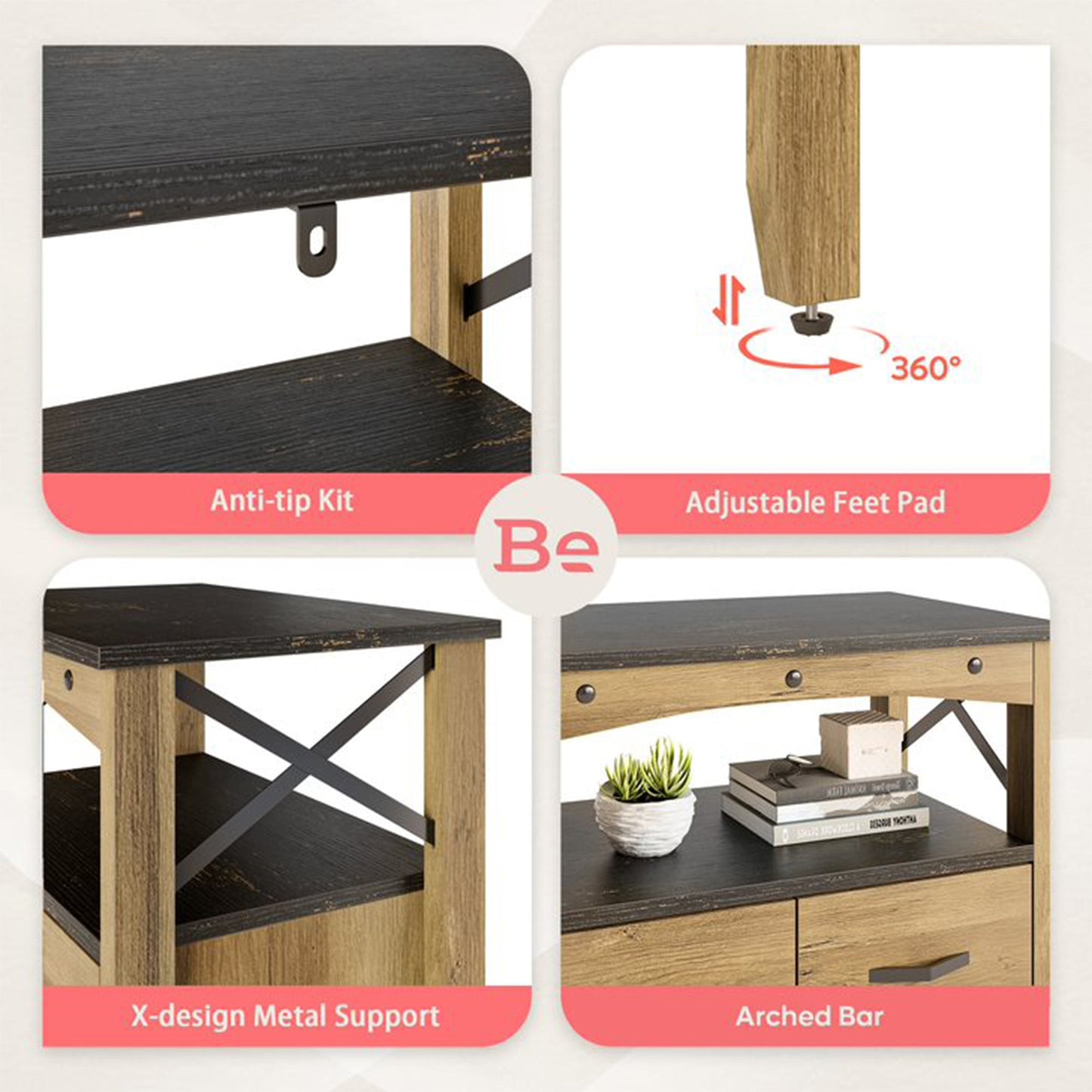 Bestier Hallway & Living Room Storage Cabinet w/ 2 Shelves and 5 Drawers, Brown