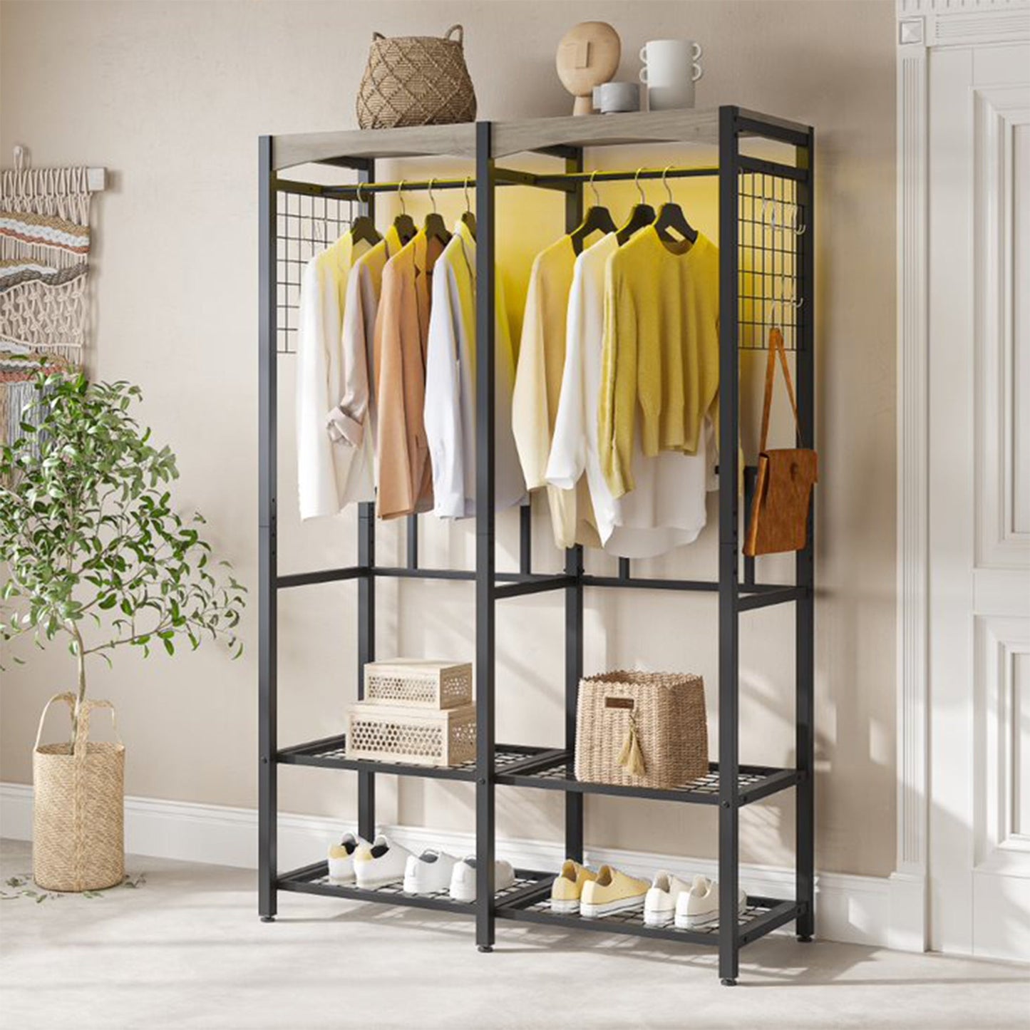 Bestier Metal Freestanding Wardrobe w/ Shelf & Color Changing Light, Dark Gray