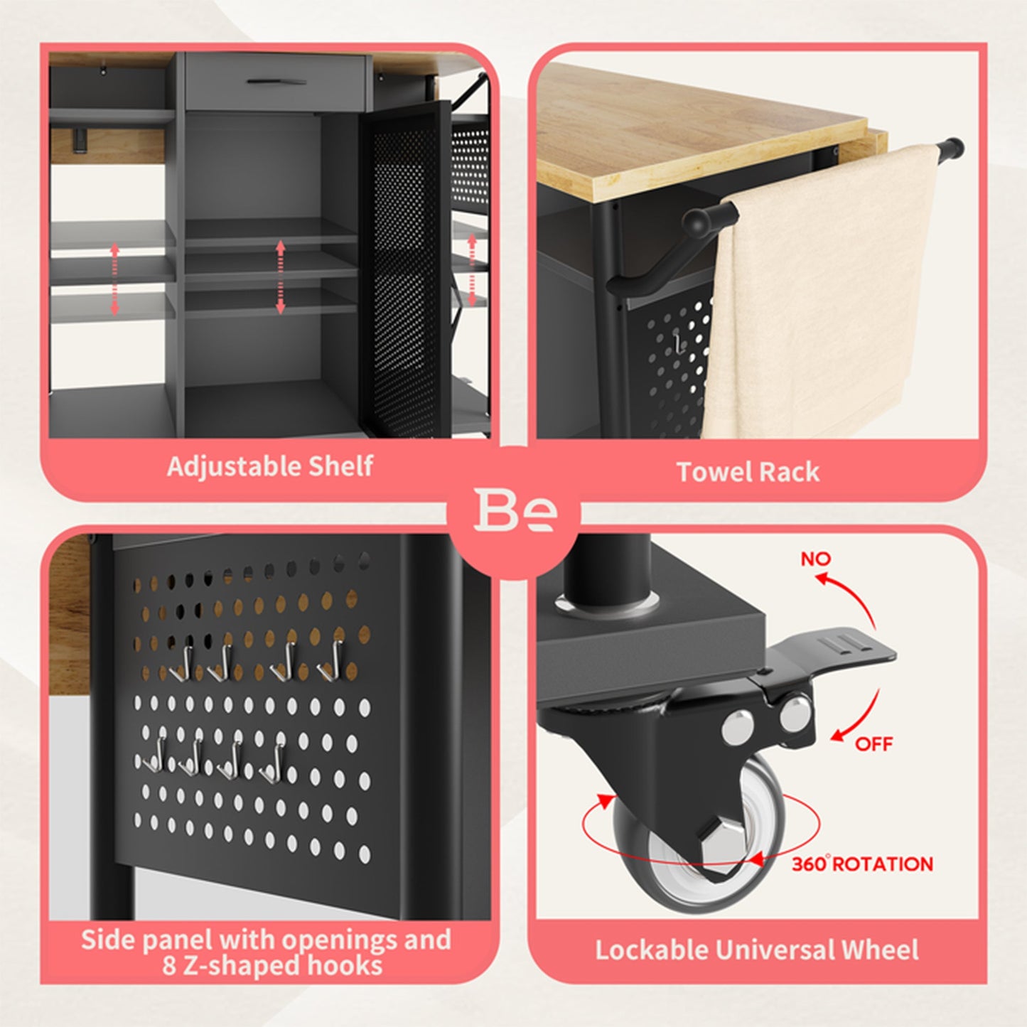 Bestier Rolling Kitchen Utility Cart with Collapsible Surface Extender, Grey