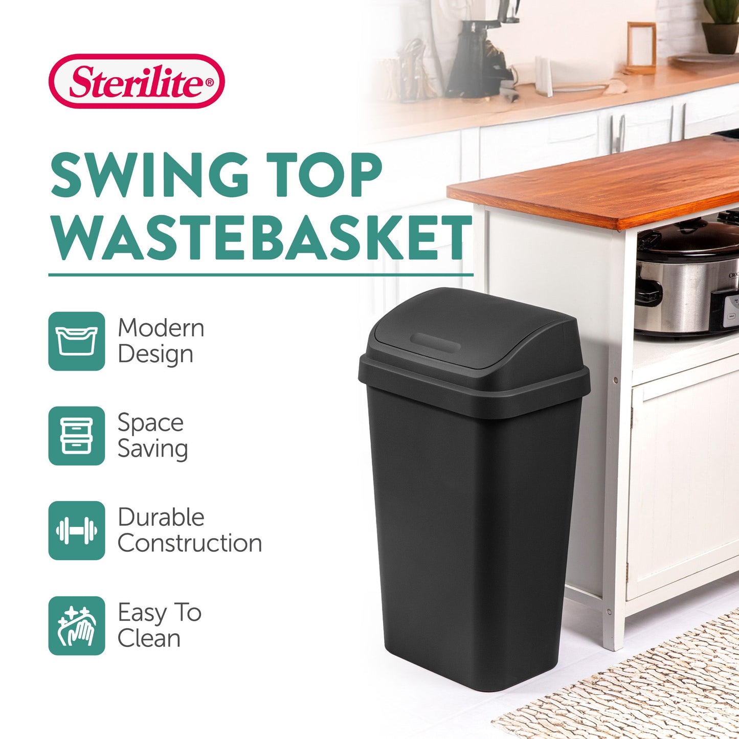 Sterilite 13 Gal Kitchen Swing Top Lidded Wastebasket Trash Can, Black (12 Pack)