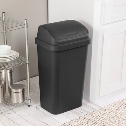 Sterilite 13 Gal Kitchen Swing Top Lidded Wastebasket Trash Can, Black (12 Pack)