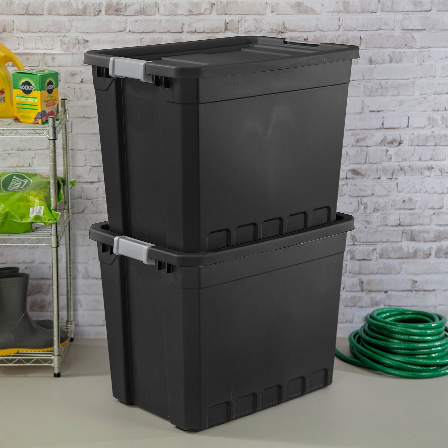 Sterilite 27 Gal Rugged Industrial Stackable Storage Tote w/ Lid, Black, 4 Pack