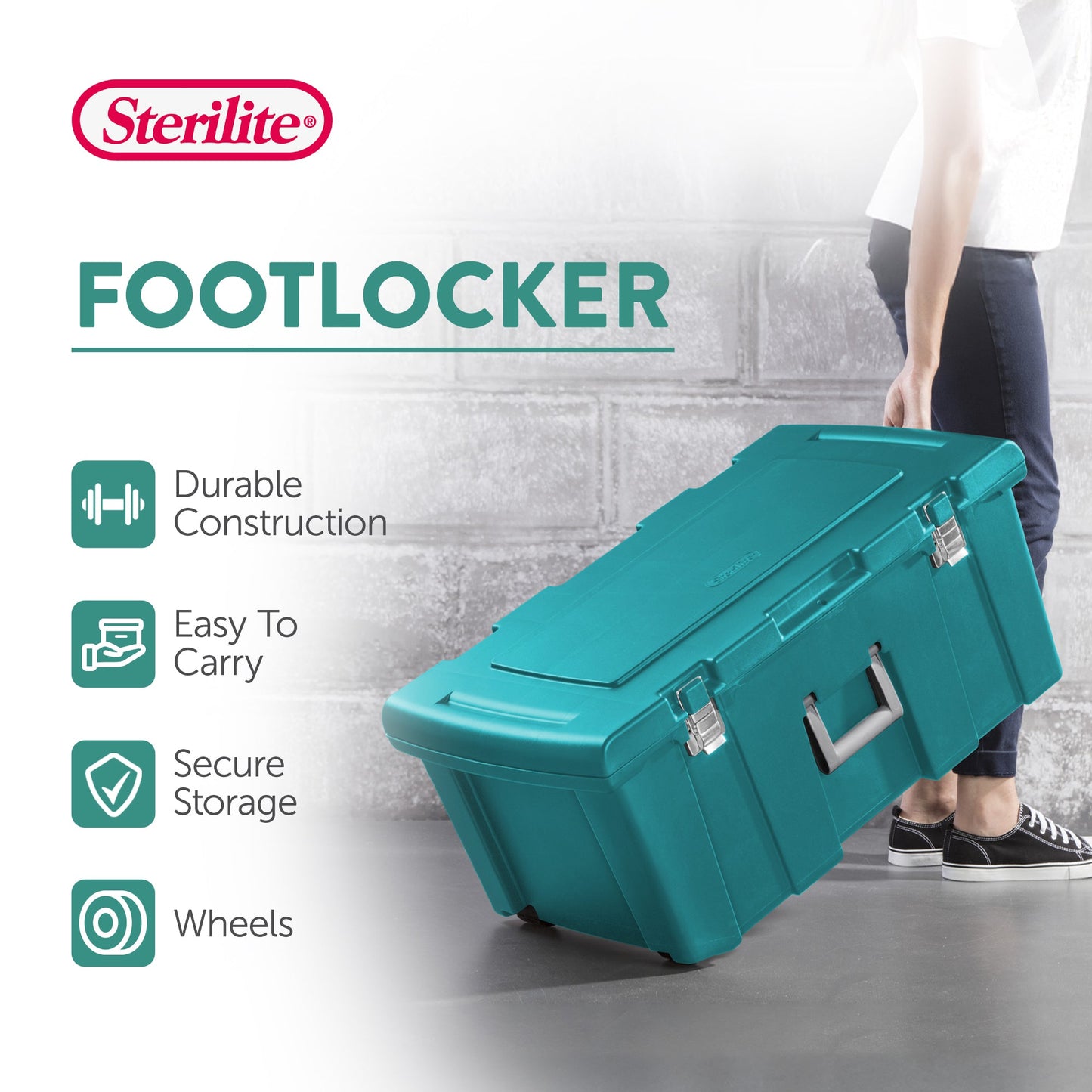 Sterilite Wheeled Footlocker, Plastic Utility Storage Container, Teal, 3 Pack