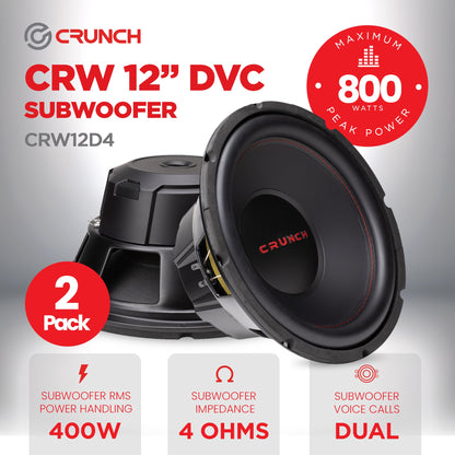 Crunch CRW12D4 12 Inch MAX 4 Ohm Dual Voice Coil Car Subwoofer Speakers (2 Pack)