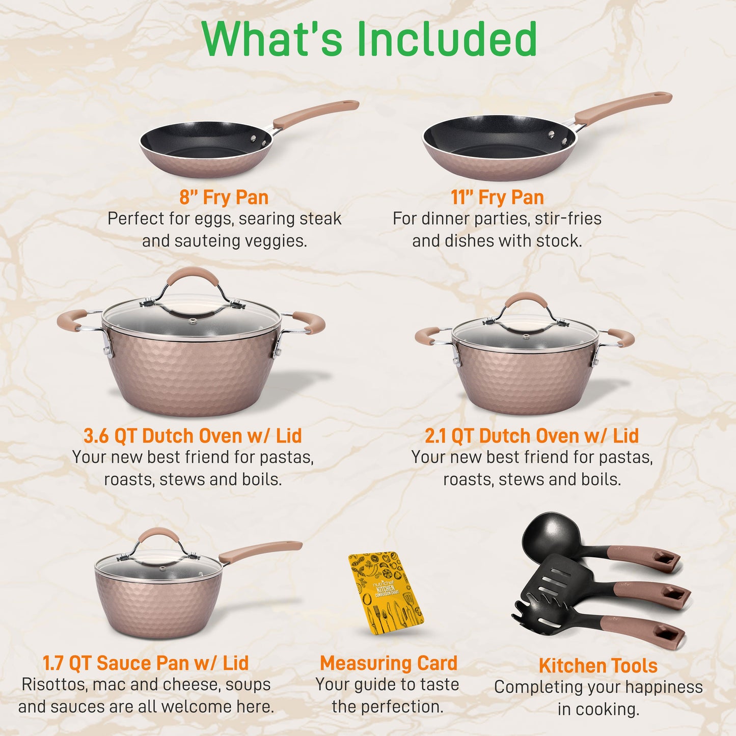 NutriChef 11 Piece Nonstick Diamond Pattern Kitchen Cookware Set, Allura Bronze
