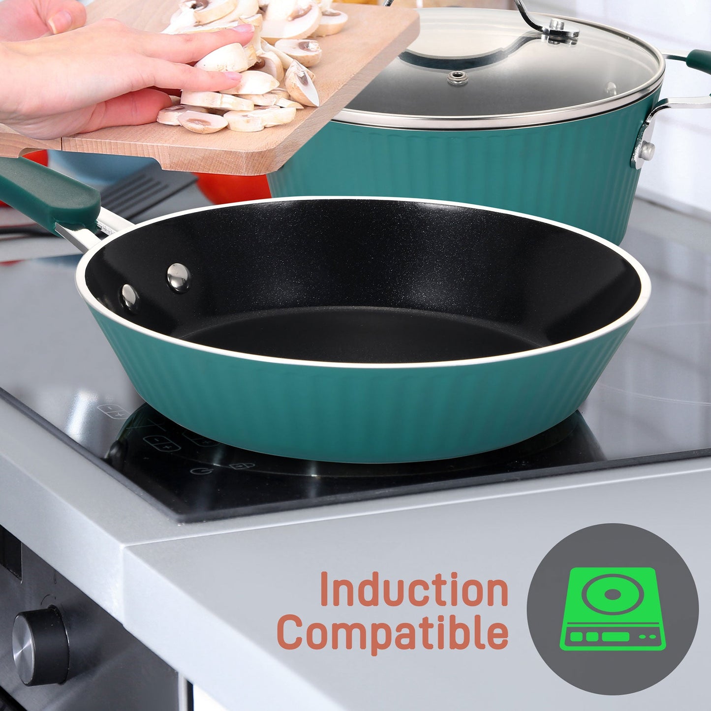 NutriChef 11 Piece Nonstick Elegant Lines Pattern Kitchen Cookware Set, Teal