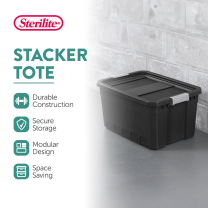 Sterilite 19 Gal Rugged Industrial Stackable Storage Tote w/ Lid, Black, 12 Pack