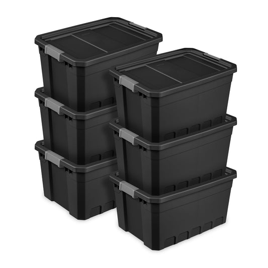 Sterilite 19 Gal Rugged Industrial Stackable Storage Tote w/ Lid, Black, 6 Pack