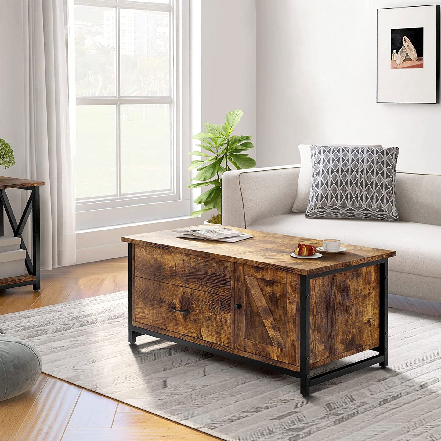 FABATO 41.7 Inch Lift Top Rustic Open Storage Coffee Table with Drawers, Brown