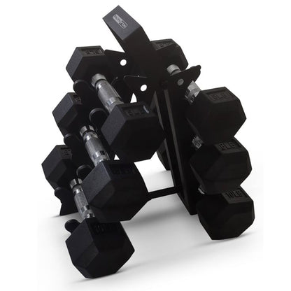 HolaHatha Hexagonal Dumbbell Free Hand Weight Set w/ Rack, 5, 8, & 10 Lbs, Black