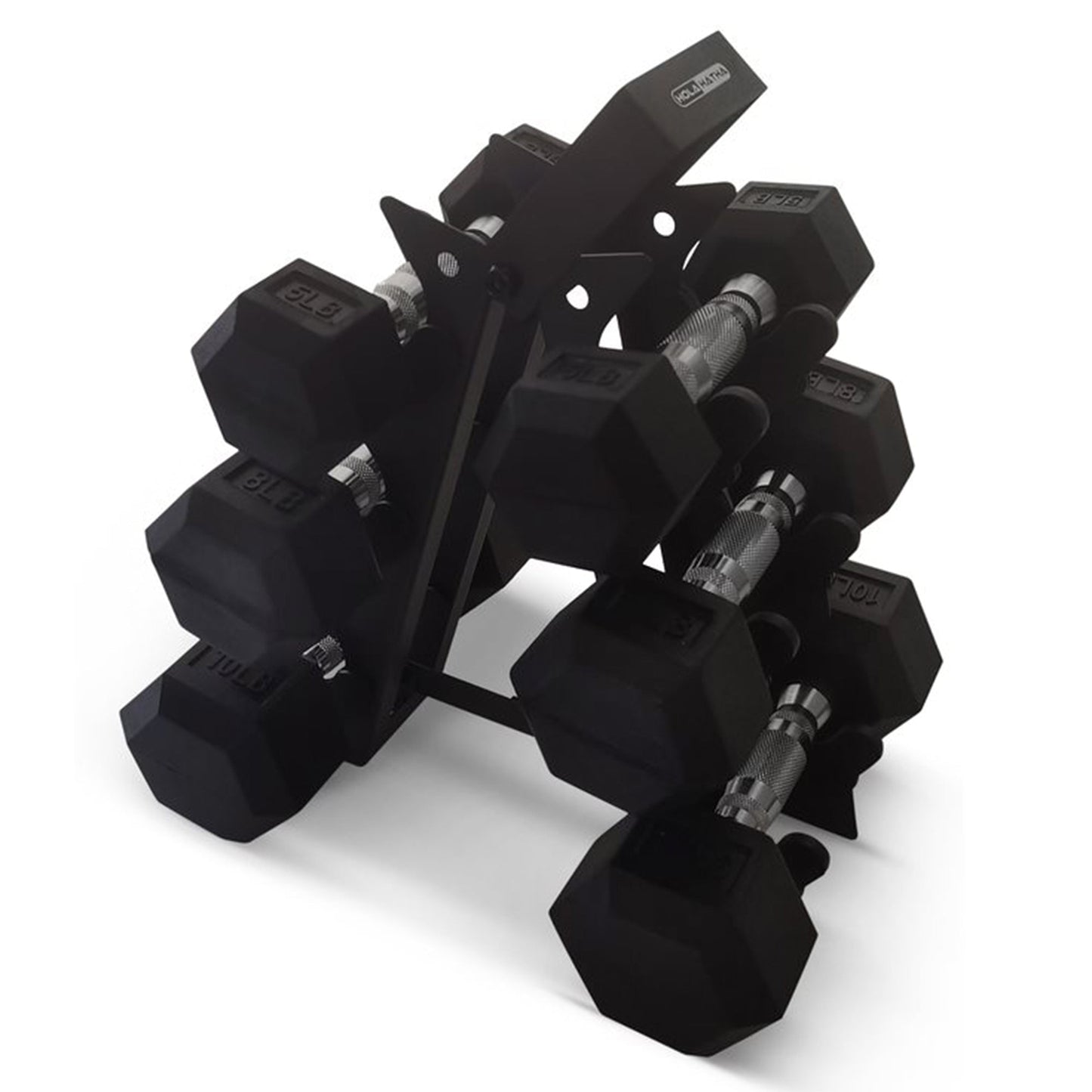 HolaHatha Hexagonal Dumbbell Free Hand Weight Set w/ Rack, 5, 8, & 10 Lbs, Black